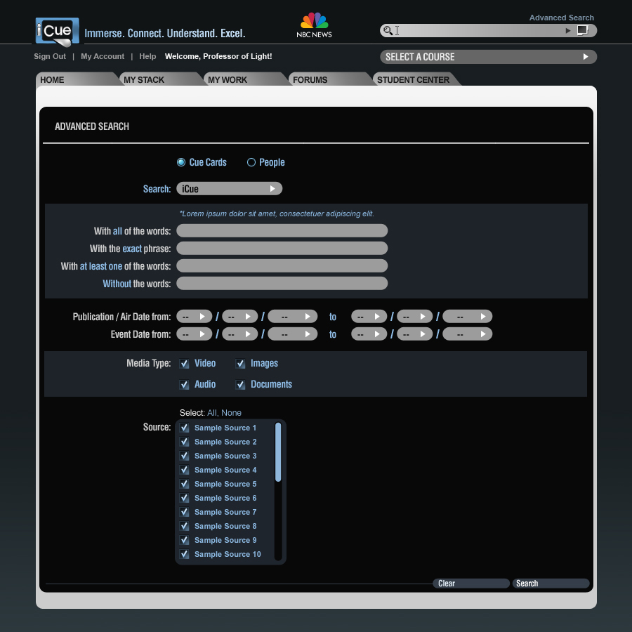 iCue.com - Advanced Search mockup
